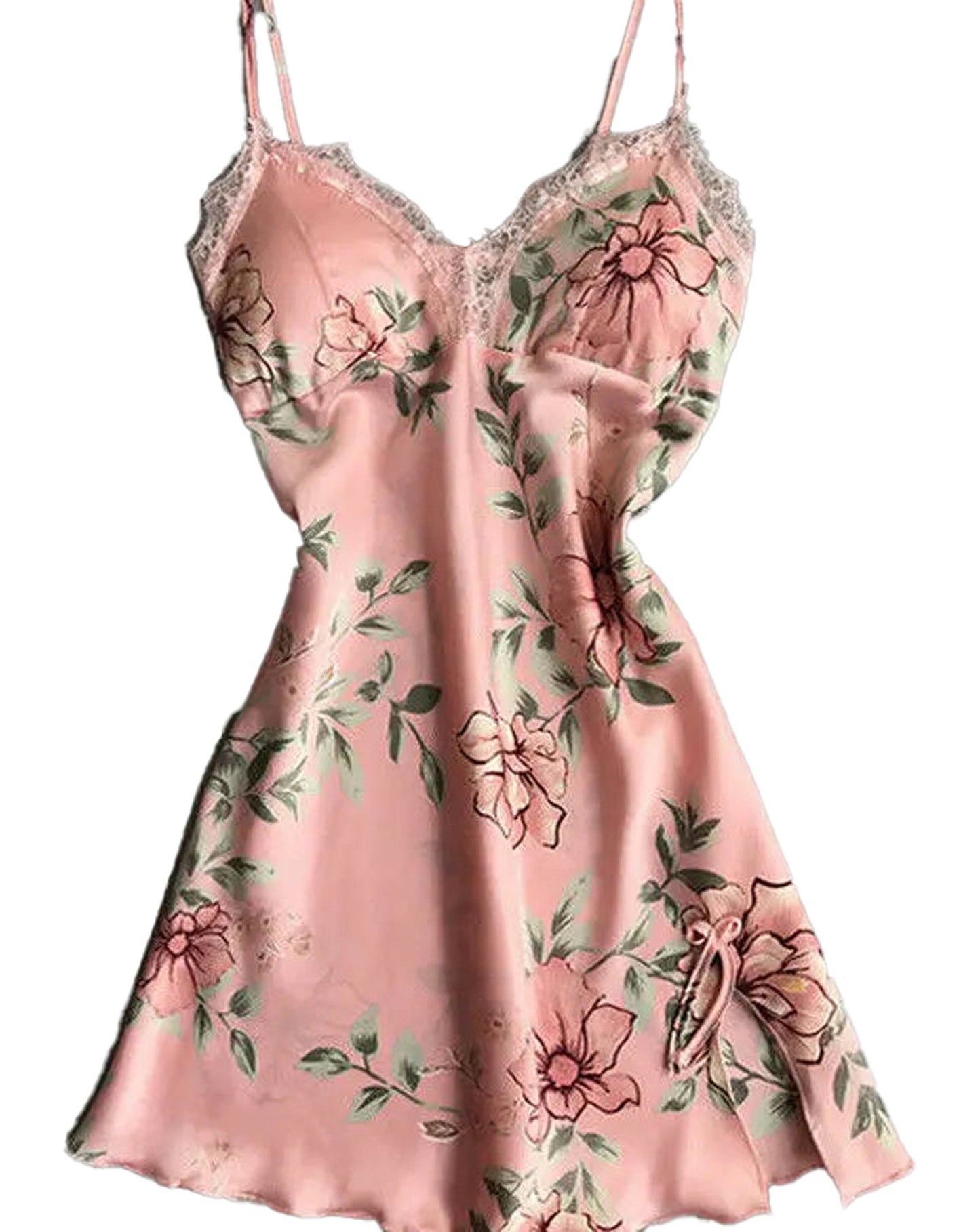Floral satin lingerie babydoll dress in soft pink with delicate lace detailing and floral print