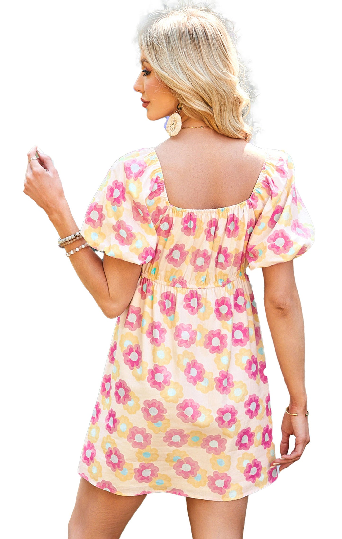 Back view of LuckeLadybug floral square neck puff sleeve dress with colorful floral patterns