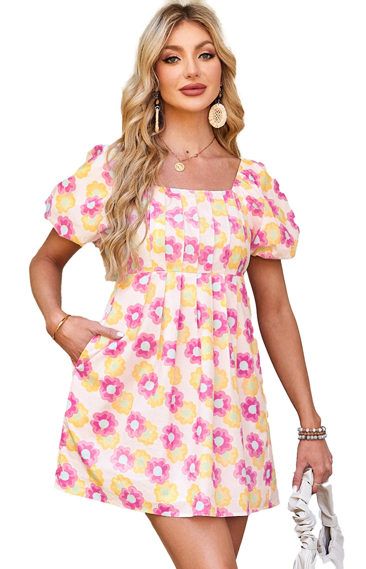 LuckeLadybug floral square neck puff sleeve dress in vibrant floral print with pockets