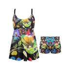 floral swim dress for women with colorful flower print and matching swim shorts