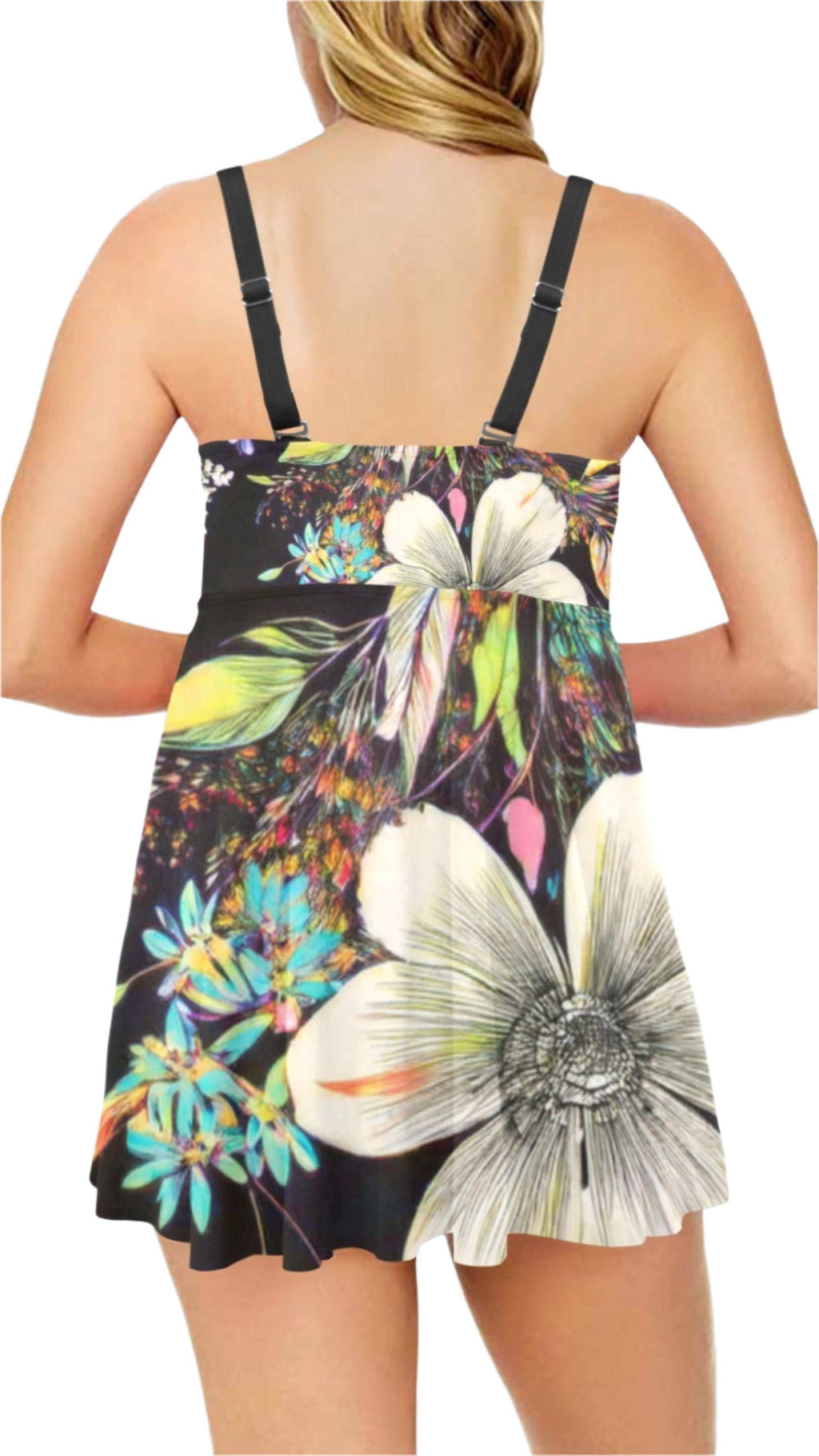 Back view of floral swim dress for women with multicolor large flower print and adjustable straps