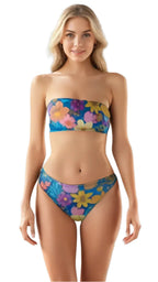 floral two piece bikini with vibrant colorful flower print and strapless bandeau top