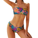 floral two piece bikini with colorful flower print bandeau top and matching bottoms