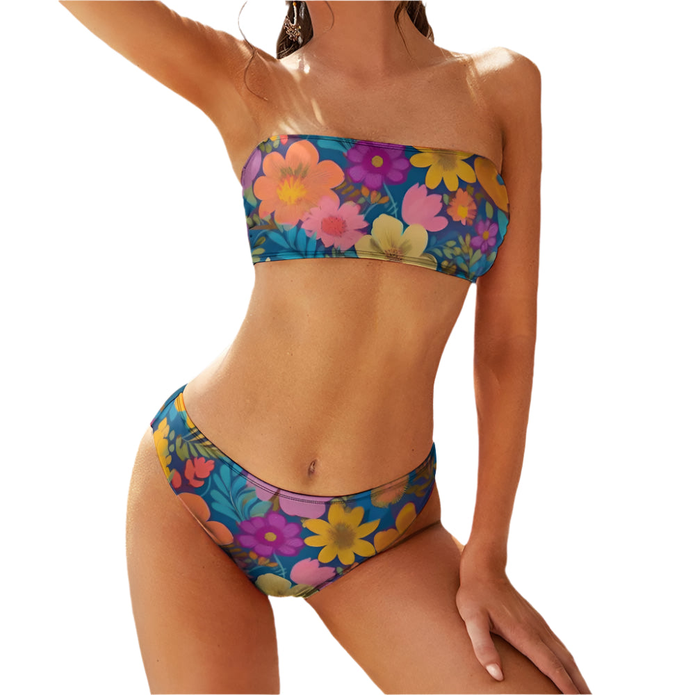 floral two piece bikini with colorful flower print bandeau top and matching bottoms