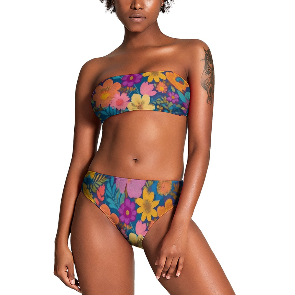 floral two piece bikini with colorful flower print bandeau top and high-waist bottoms