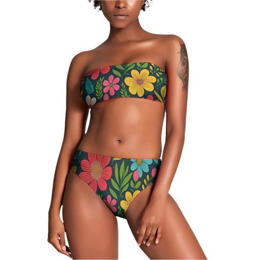 floral two piece bikini with colorful flower print bandeau top and high waist bottom
