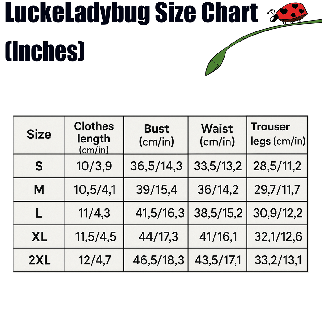Size chart for LuckeLadybug floral two piece bikini with measurements for bust waist and trouser legs in inches and centimeters