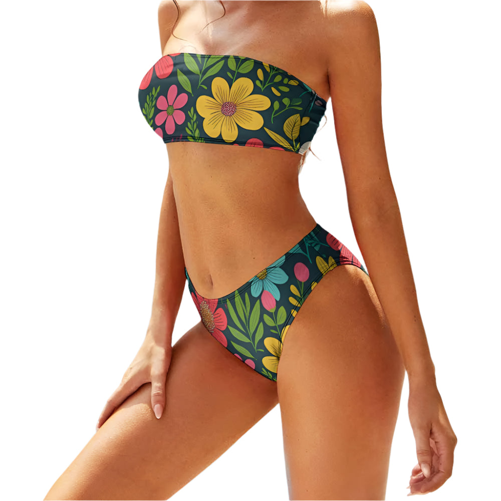 floral two piece bikini with colorful flower print bandeau top and matching bottom
