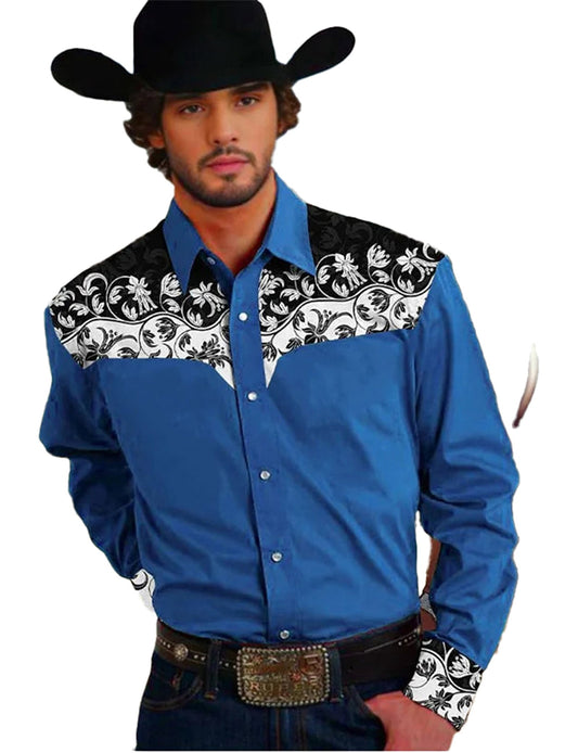 Stylish floral western men's shirt in blue with decorative print and classic cowboy style