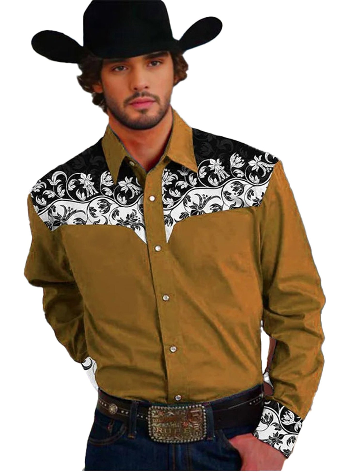 Stylish floral western men's shirt with black and white designs, perfect for casual or outdoor wear