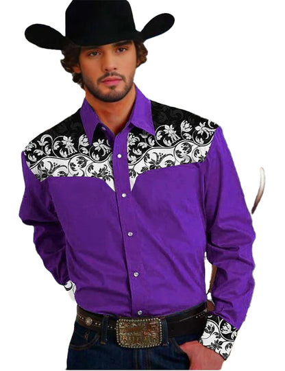 Purple Floral Western Men's Shirt with Black and White Floral Design for Western Fashion Enthusiasts