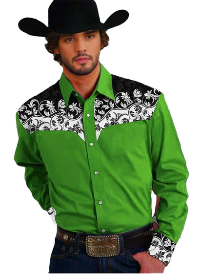 LuckeLadybug LLC Floral Western Men's Shirt in Green with Decorative Black Accents and Cowboy Style