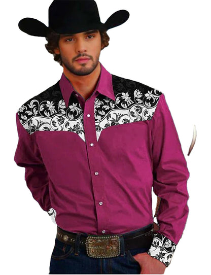 Men's floral western shirt in maroon with black floral accents from LuckeLadybug LLC
