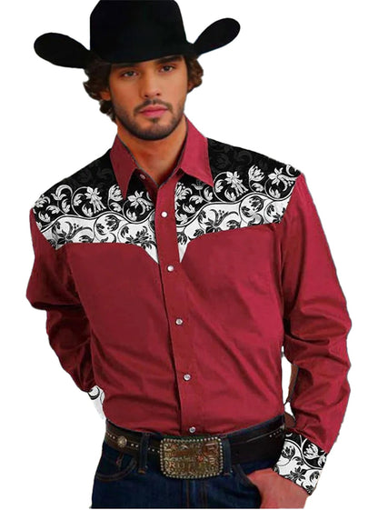 Floral western men's shirt in red with black floral design for a stylish cowboy look