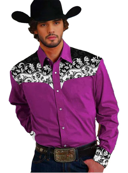 Stylish floral western men's shirt in purple with decorative black patterns, perfect for casual occasions