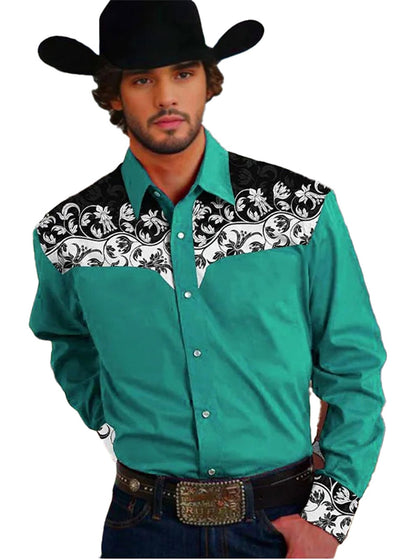 Floral western men's shirt in turquoise with black floral details and cowboy style for casual wear