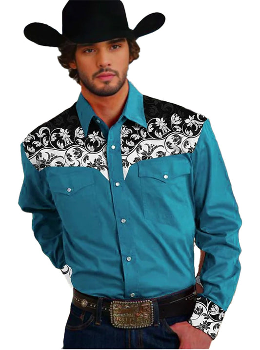 Floral western men's shirt in turquoise with black and white design on shoulders for a stylish cowboy look