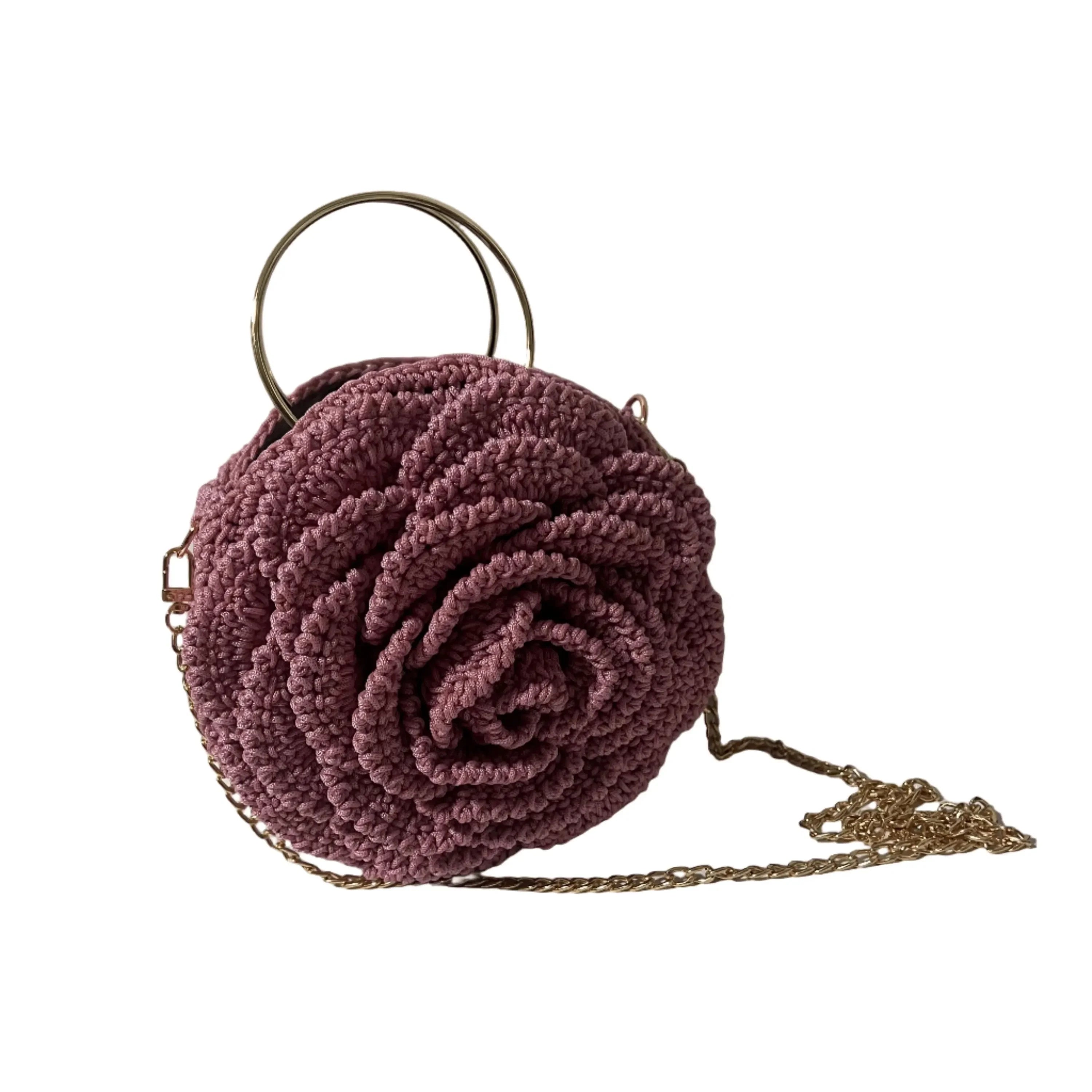 ThreadsByHannah flower purse in pink crochet design with a gold chain for stylish carry
