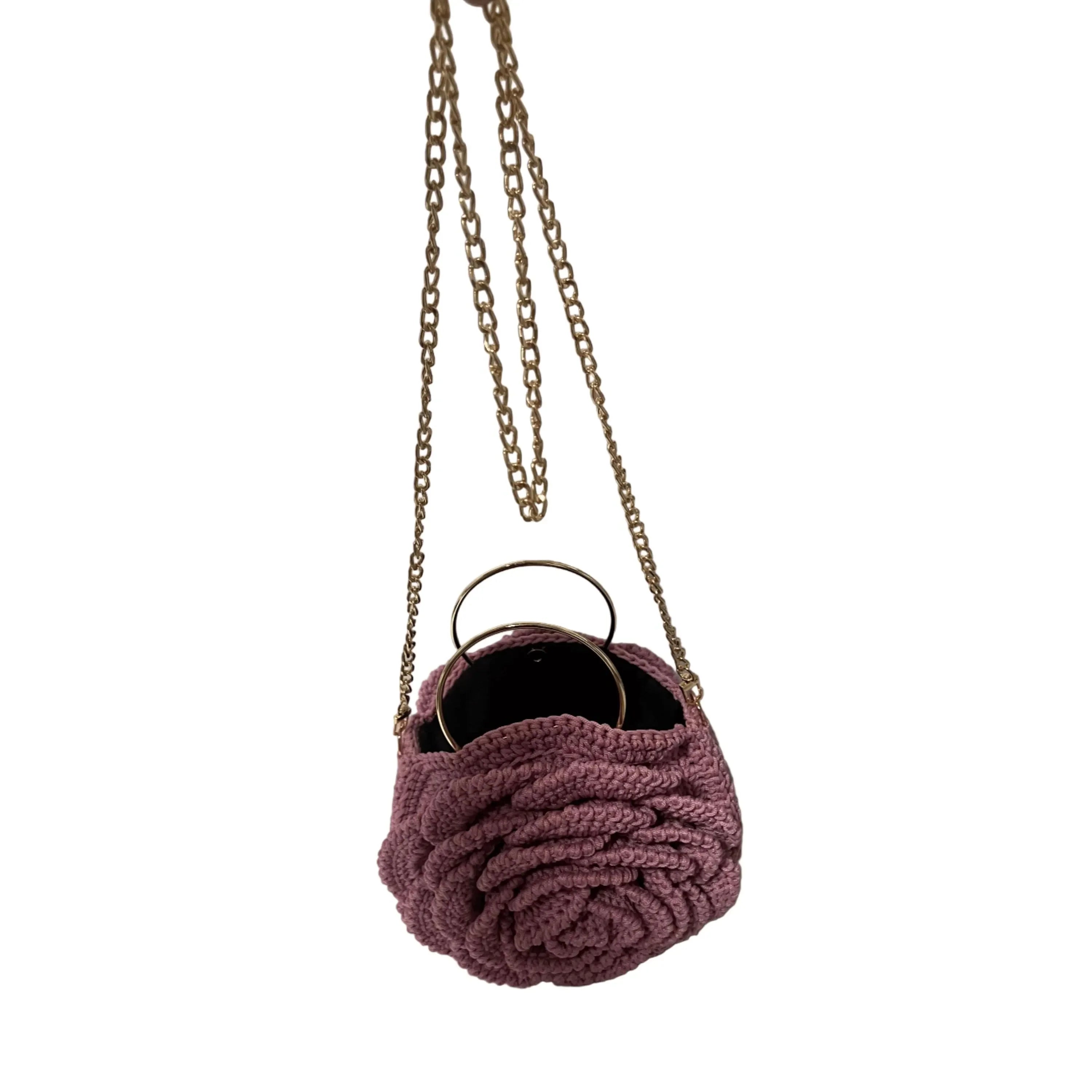 ThreadsByHannah flower purse in dusty rose with a unique floral design and gold chain strap