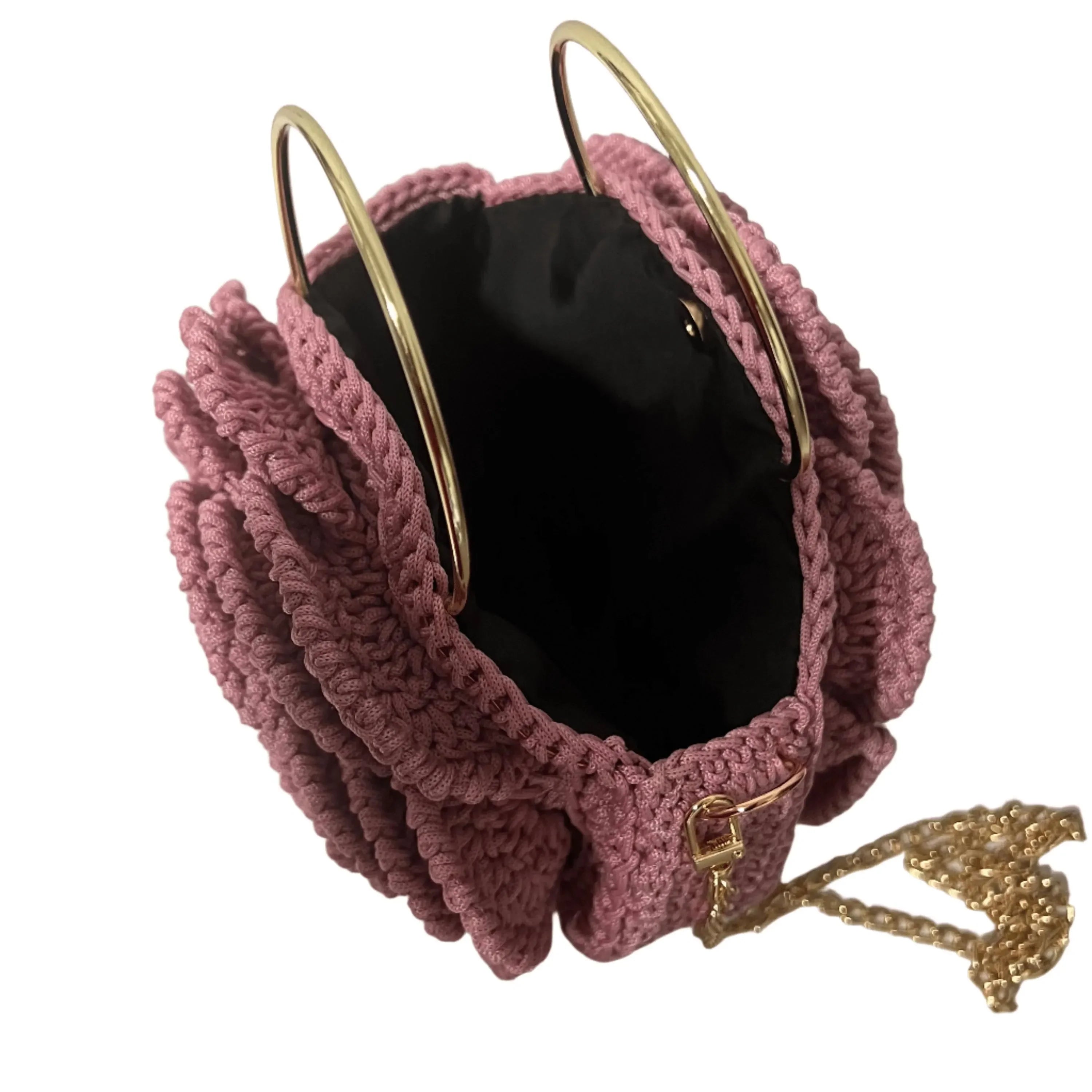 Chic flower purse in pink with unique ruffled design and gold chain strap for stylish outings