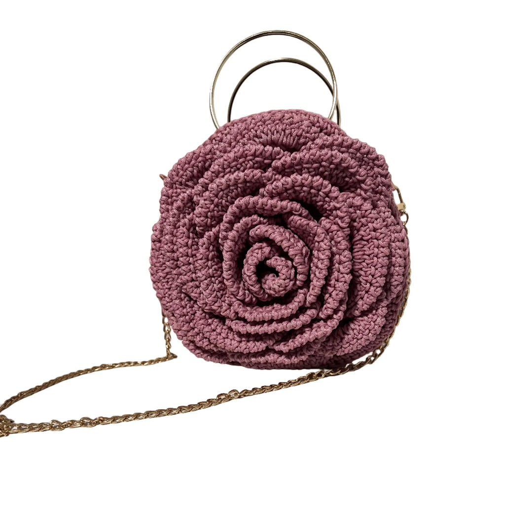 ThreadsByHannah flower purse in rose pink with intricate crochet rose design and chain crossbody strap