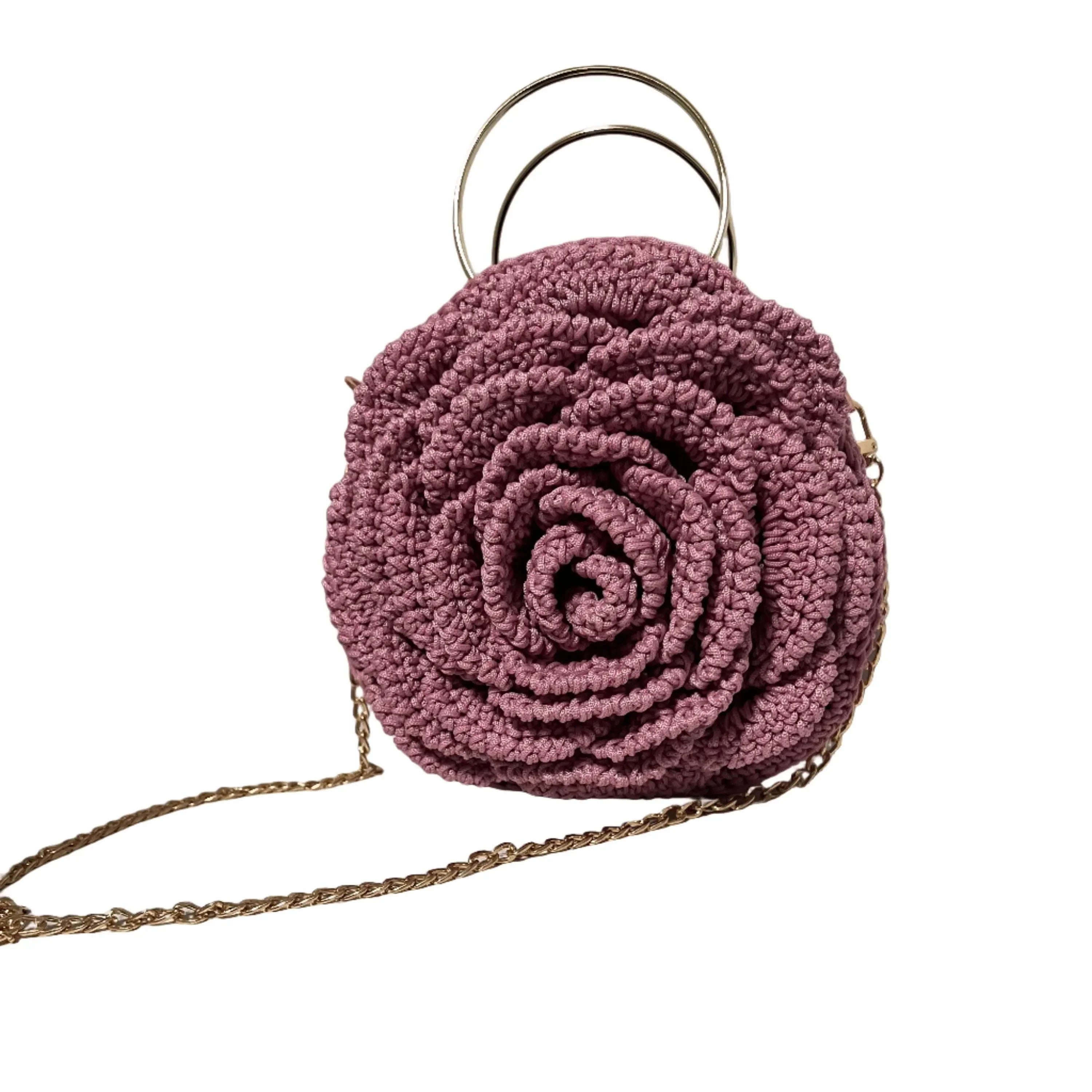 ThreadsByHannah flower purse in rose pink with intricate crochet rose design and chain crossbody strap