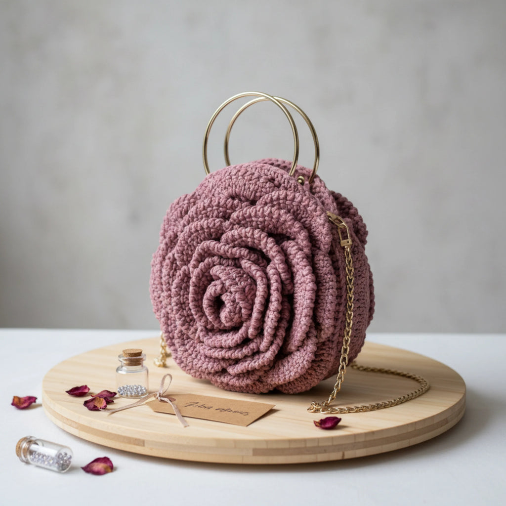 Pink flower purse by ThreadsByHannah with a unique rose design and gold chain strap