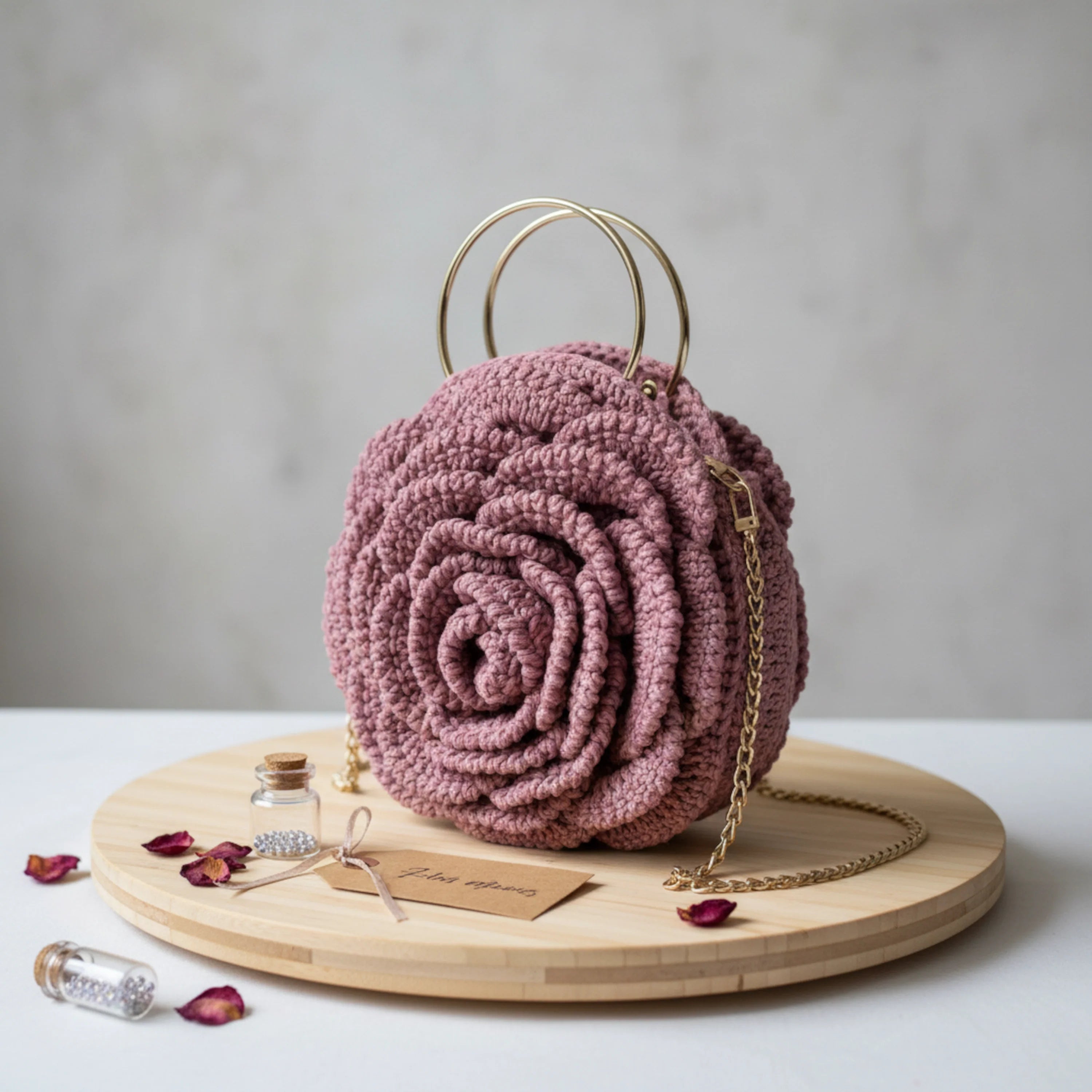 Pink flower purse by ThreadsByHannah with a unique rose design and gold chain strap