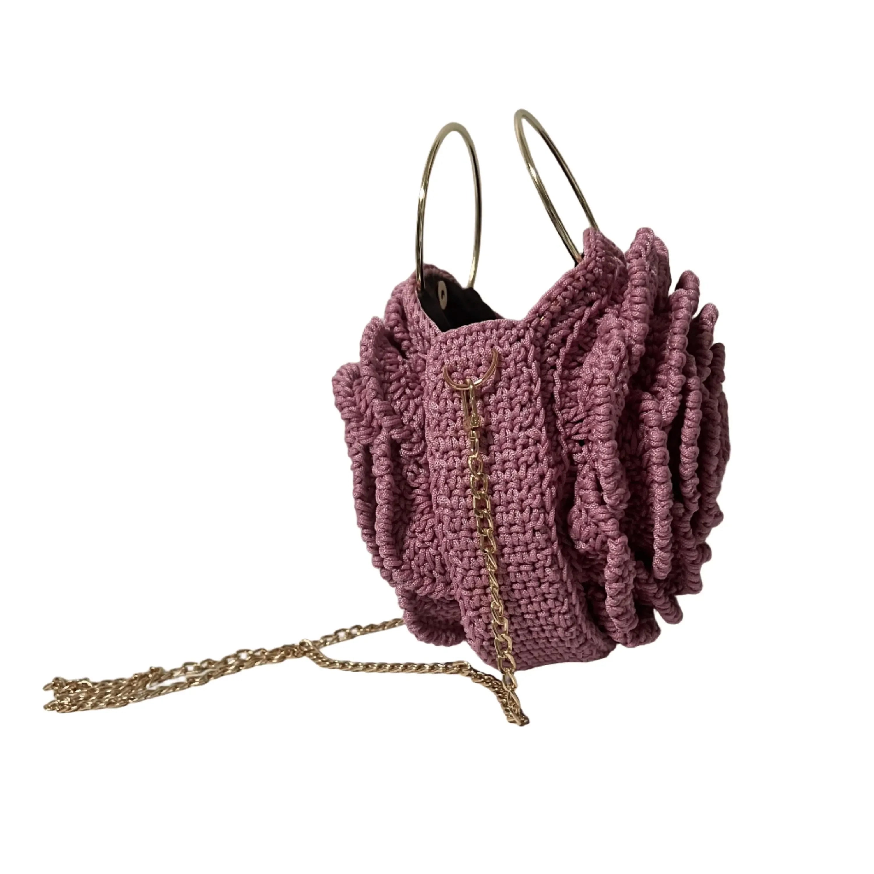 ThreadsByHannah Flower Purse in Pink Crochet Design with Gold Chain Strap