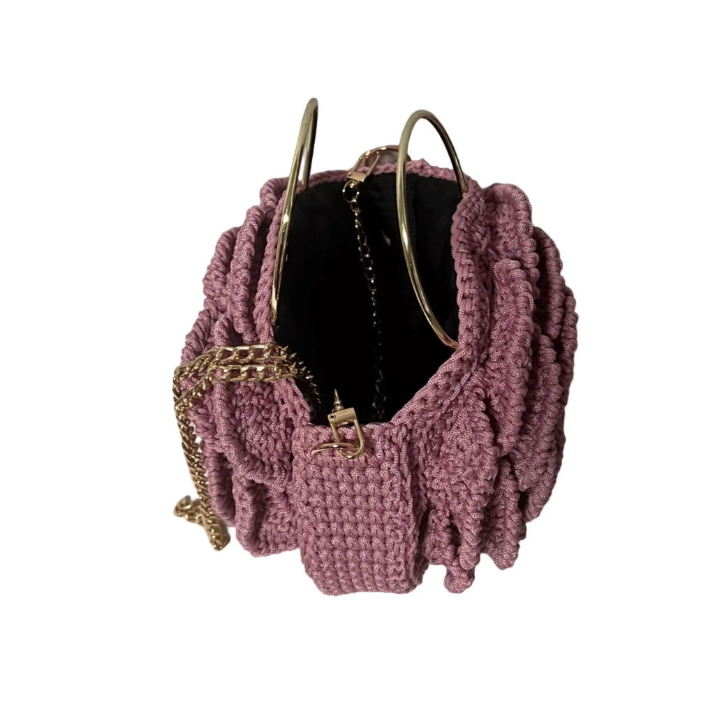 Stylish pink flower purse by ThreadsByHannah with a unique textured design and gold accents