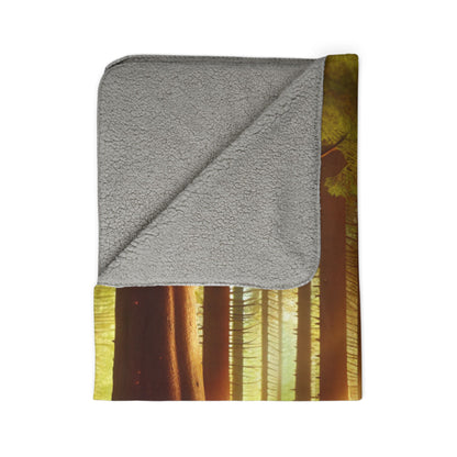 LuckeLadybug sherpa blanket with forest themed cozy blanket design featuring tall trees and soft gray fleece lining