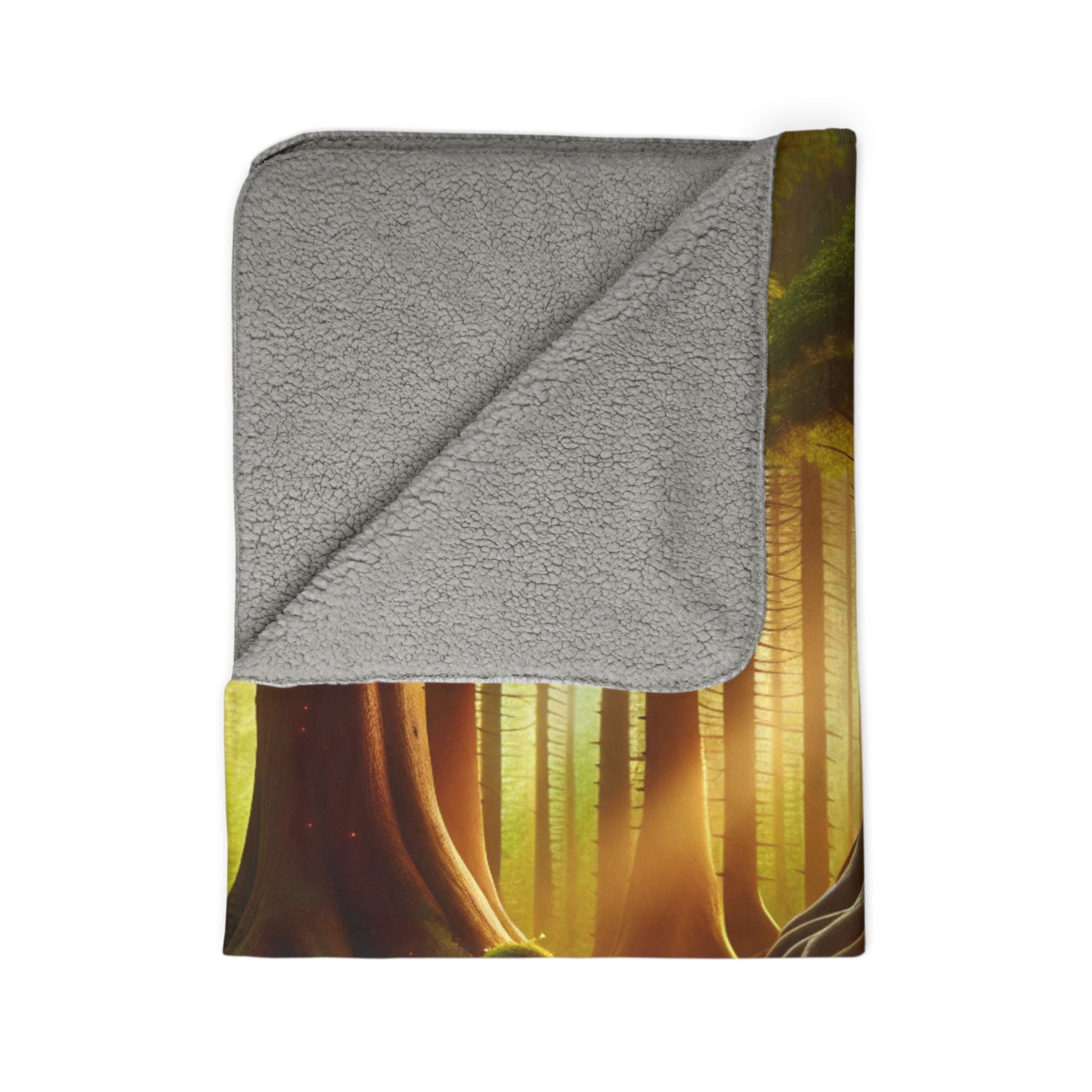 LuckeLadybug sherpa blanket with forest themed cozy blanket design and soft gray fleece backing