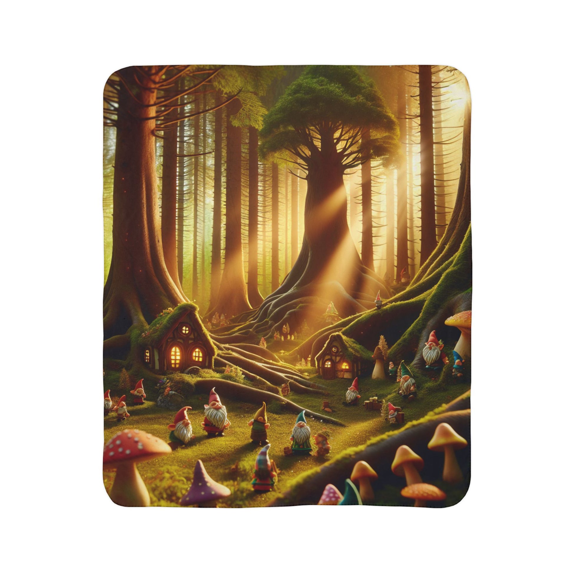 LuckeLadybug forest themed cozy blanket with woodland gnomes and glowing tree cottages design
