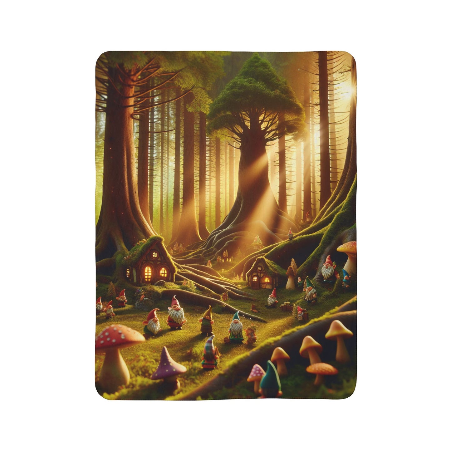 LuckeLadybug sherpa blanket featuring a vibrant forest scene with gnomes and mushrooms forest themed cozy blanket