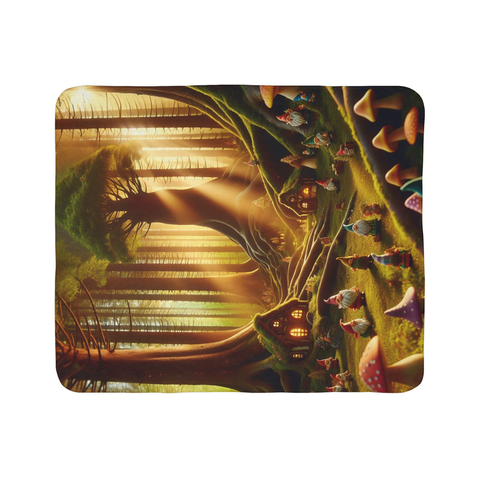 LuckeLadybug forest themed cozy blanket with magical woodland scene and glowing tree houses