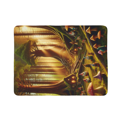 LuckeLadybug sherpa blanket featuring a forest themed cozy blanket design with glowing tree houses and mushrooms