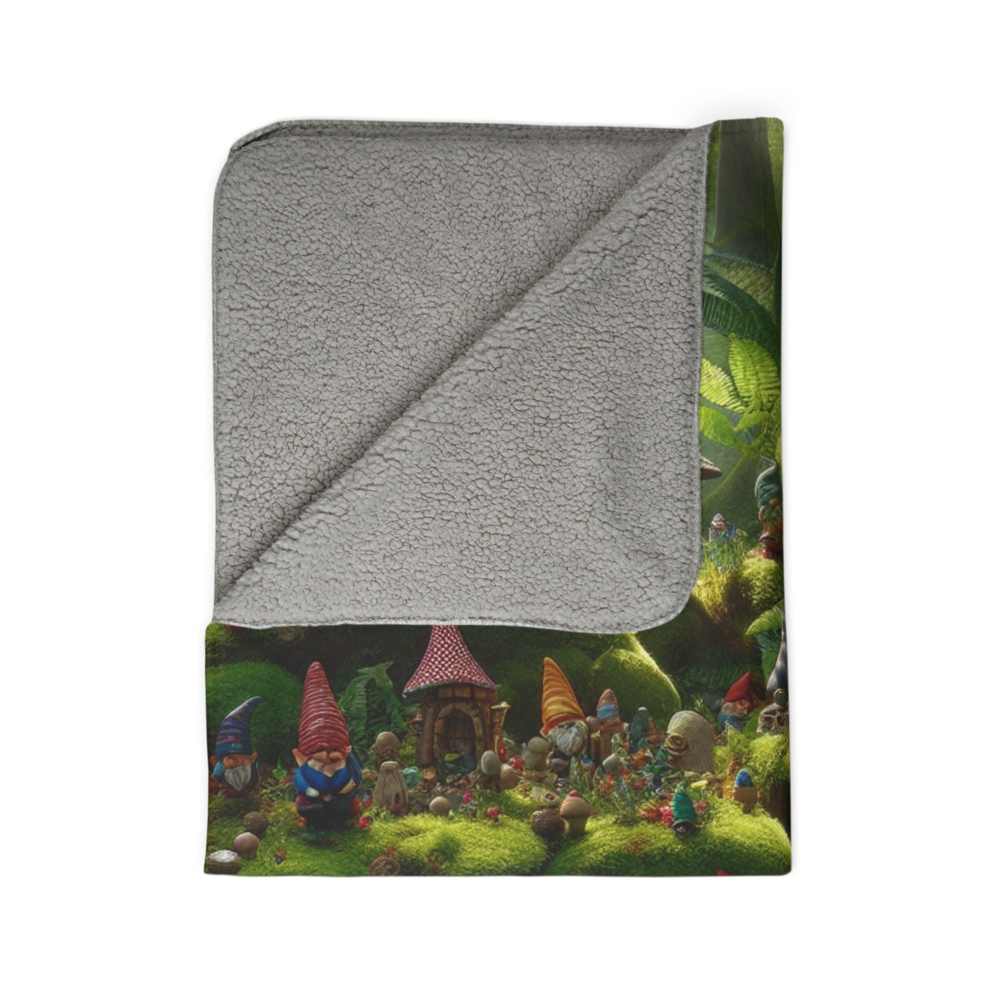 LuckeLadybug sherpa blanket with colorful garden gnome print forest themed cozy throw