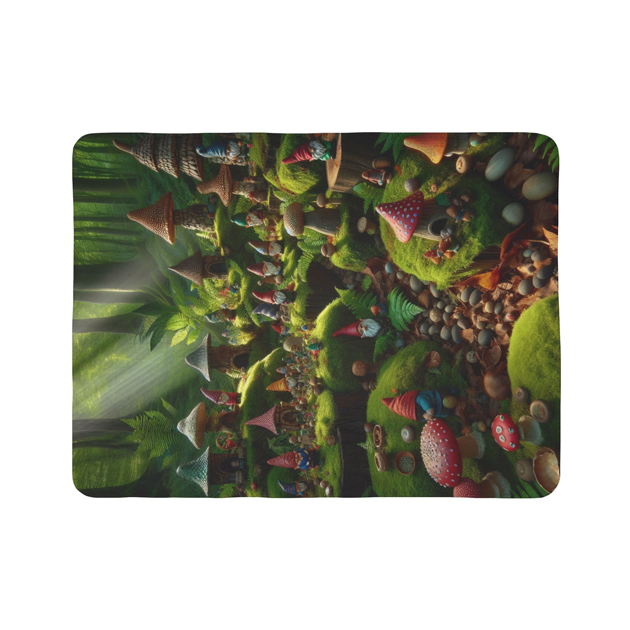 LuckeLadybug sherpa blanket with forest themed cozy throw design featuring gnomes and mushrooms