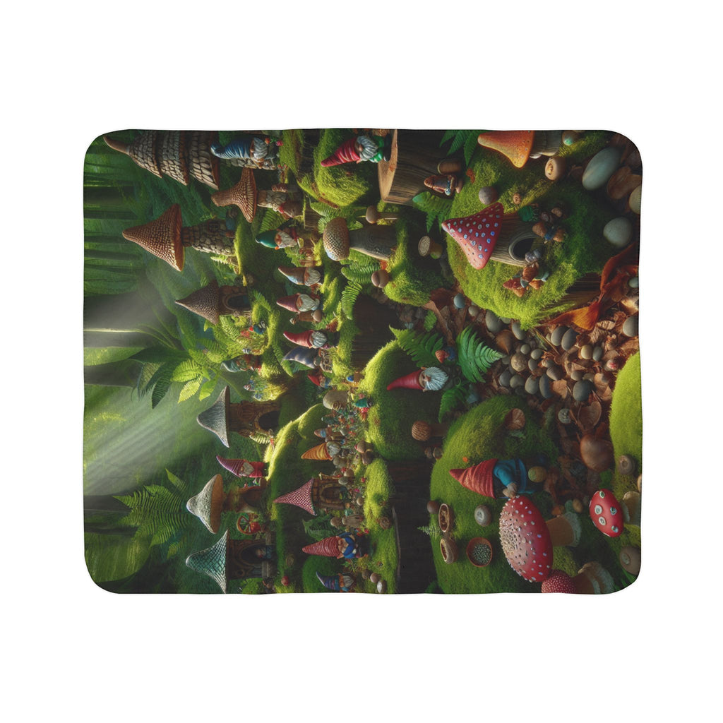 LuckeLadybug Sherpa blanket with forest themed cozy throw design featuring mushrooms and gnomes
