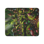 LuckeLadybug Sherpa blanket with forest themed cozy throw design featuring mushrooms and gnomes