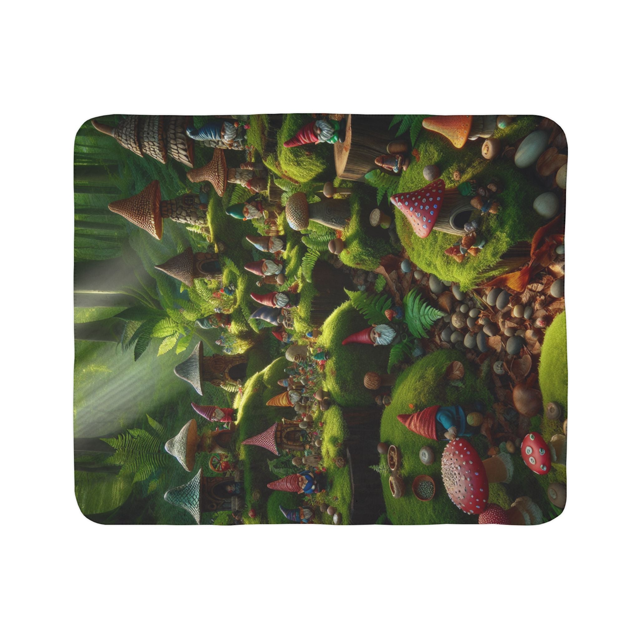 LuckeLadybug Sherpa blanket with forest themed cozy throw design featuring mushrooms and gnomes