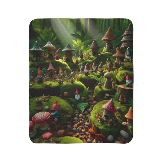 Forest themed cozy throw sherpa blanket with whimsical gnome and mushroom village design