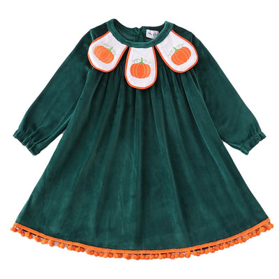 Adorable Forest Velvet Pumpkin Embroidery Girl Dress For Your Little Trendsetter! - LuckeLadybug LLC