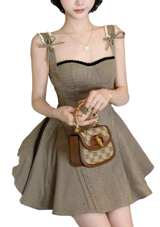 Fit & Flare French style khaki mini dress with bow straps and flared skirt for a chic look