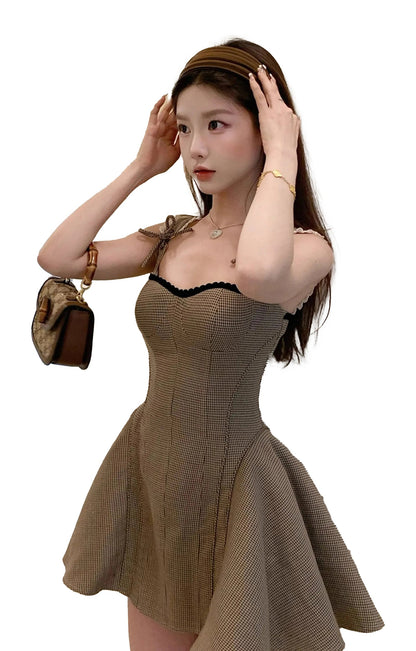 LuckeLadybug LLC French style khaki mini dress with a fit and flare silhouette and adjustable straps