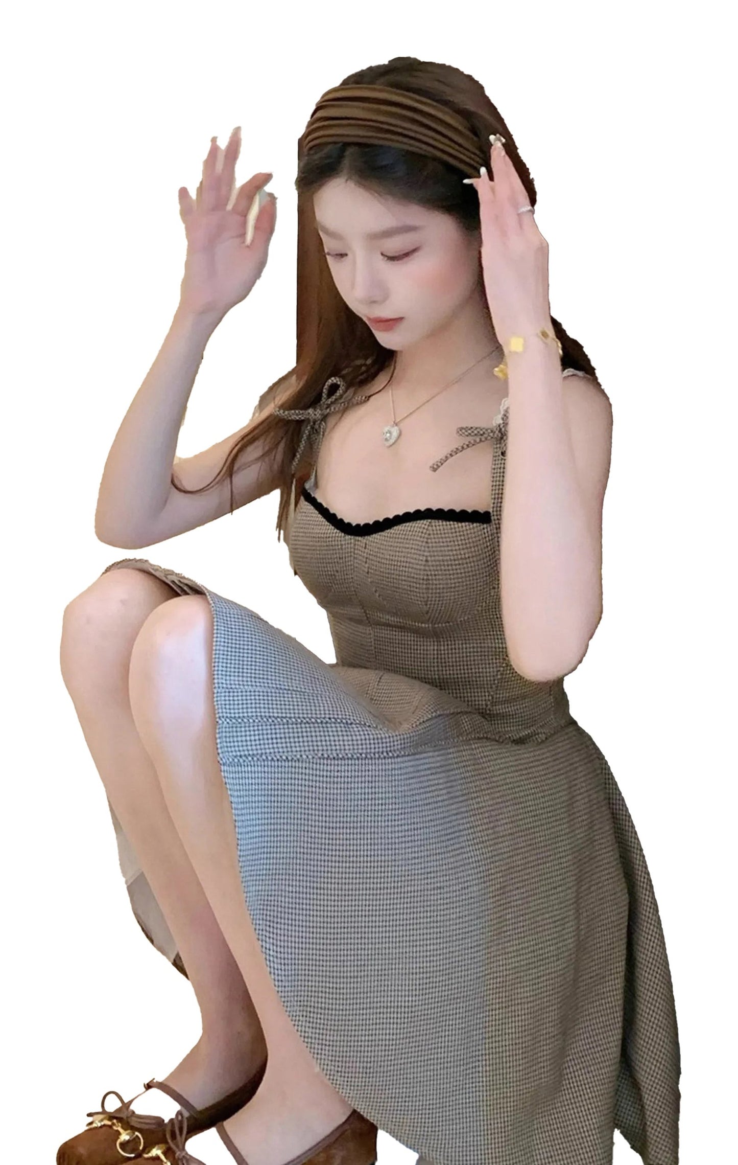 Chic French style khaki mini dress with adjustable straps and a flared silhouette for a fashionable look