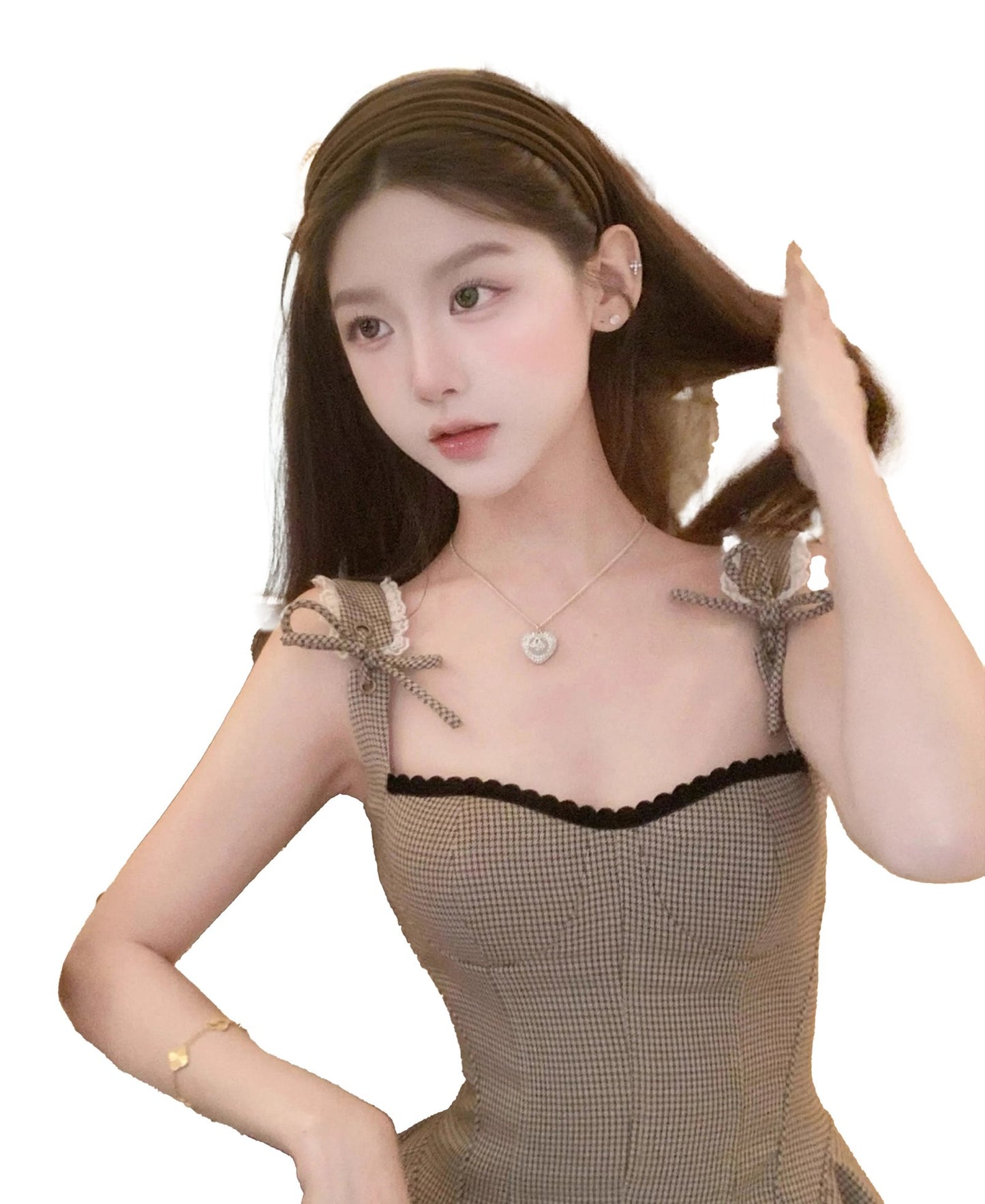 LuckeLadybug LLC French style khaki mini dress with decorative straps and a fitted bodice