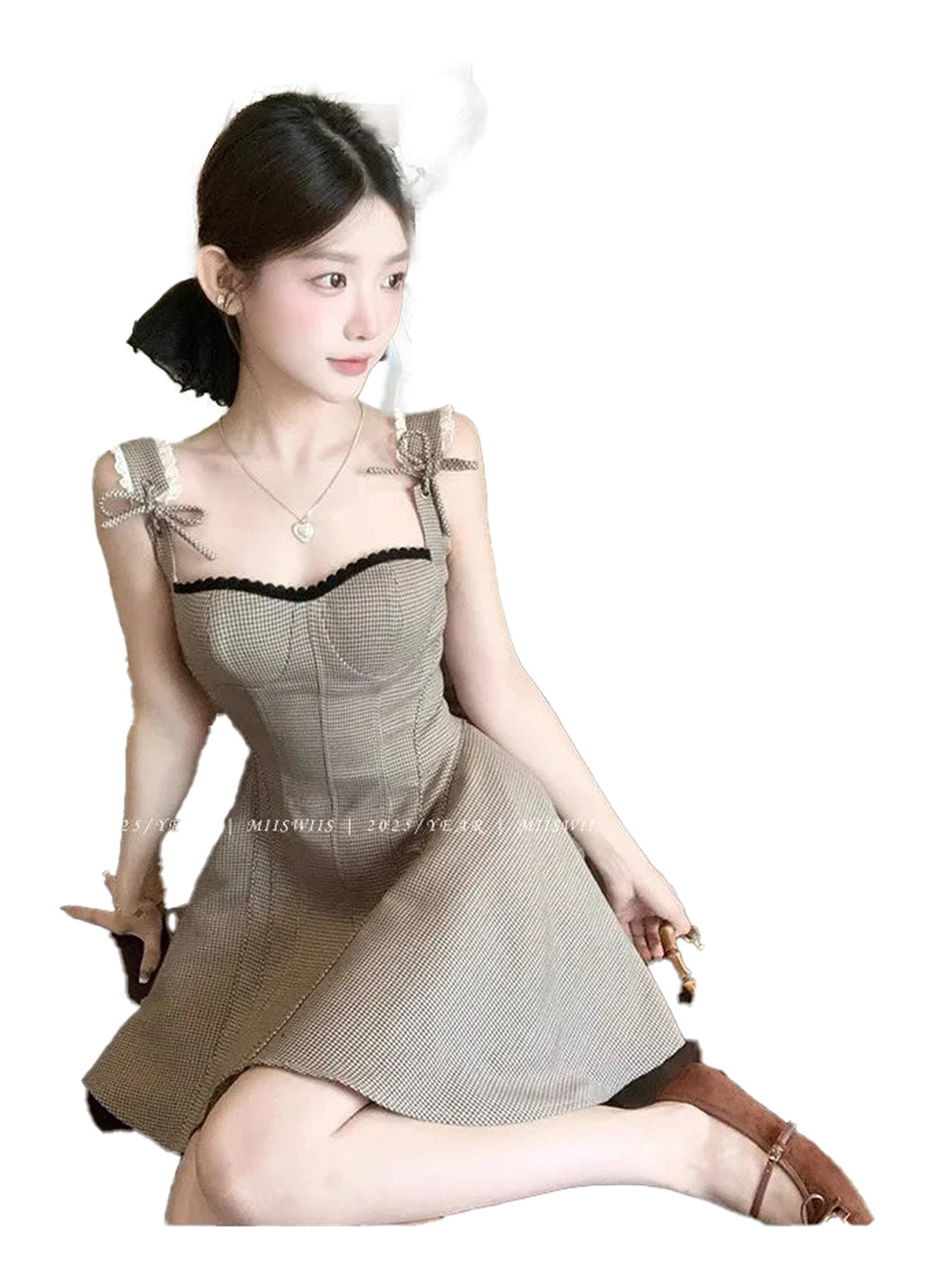 LuckeLadybug LLC French style khaki mini dress with chic lace-up straps and a flattering fit and flare silhouette