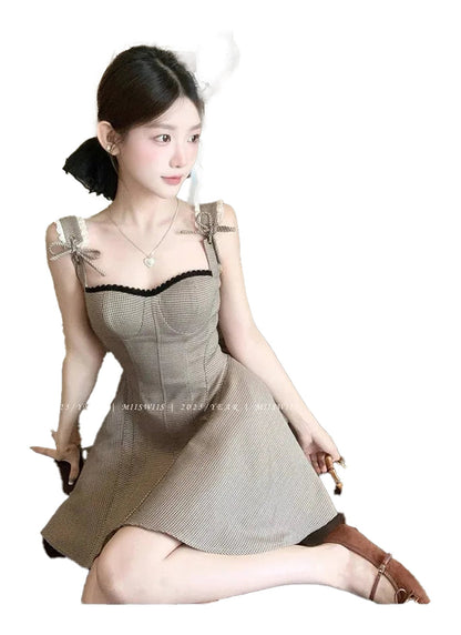 LuckeLadybug LLC French style khaki mini dress with chic lace-up straps and a flattering fit and flare silhouette