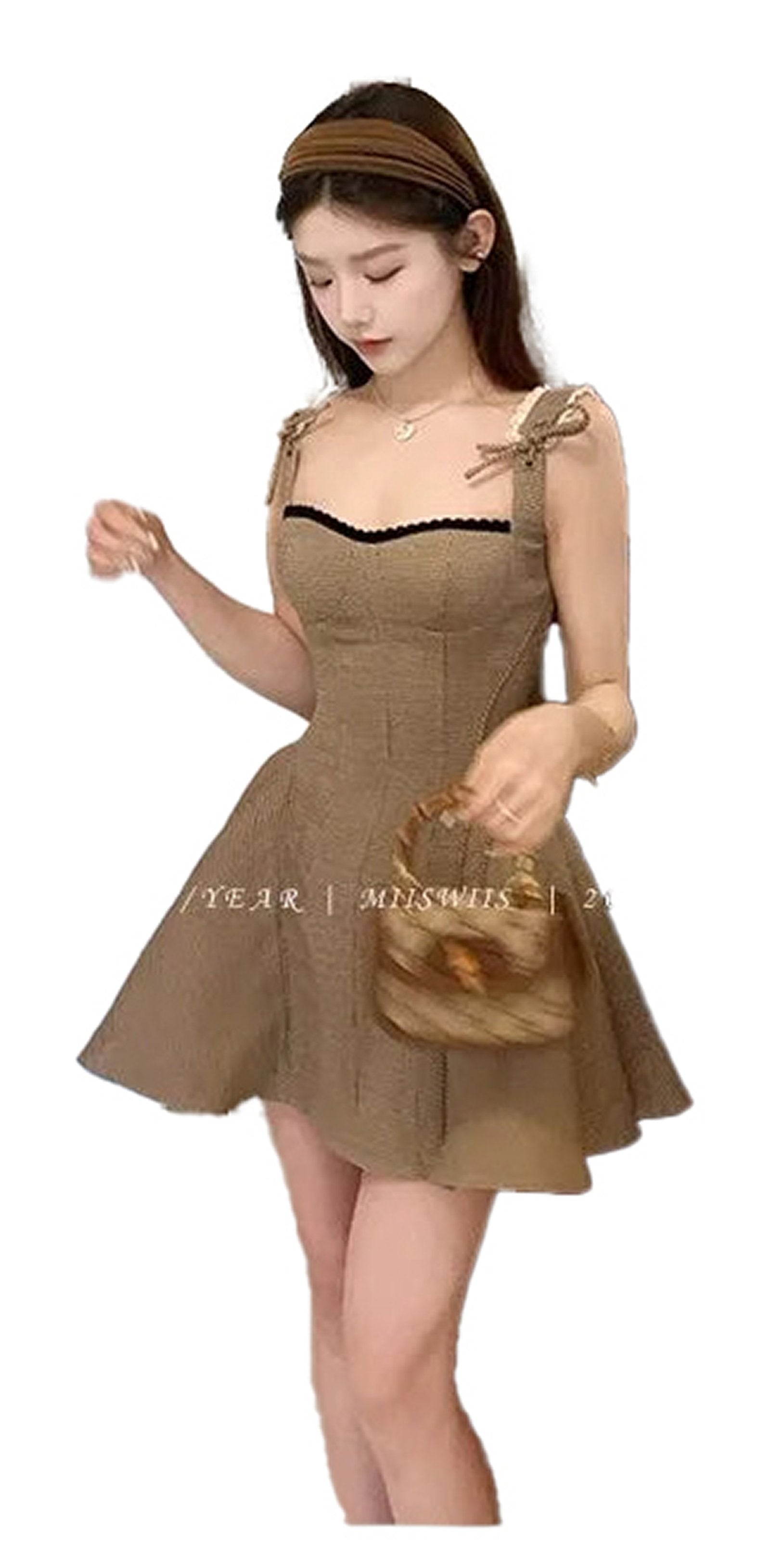 LuckeLadybug French style khaki mini dress with bow straps and flared skirt for stylish summer looks